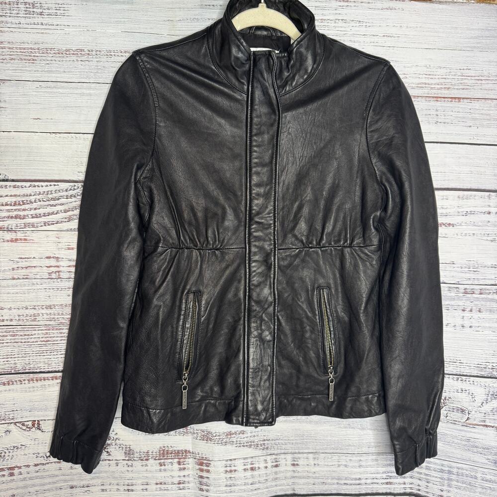Vince Black Leather Jacket Small Zip Front Moto Style Lambskin Minimalist